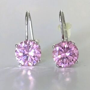 Large Round Pink Rhinestone Silver-tone Wire Dangle Earrings